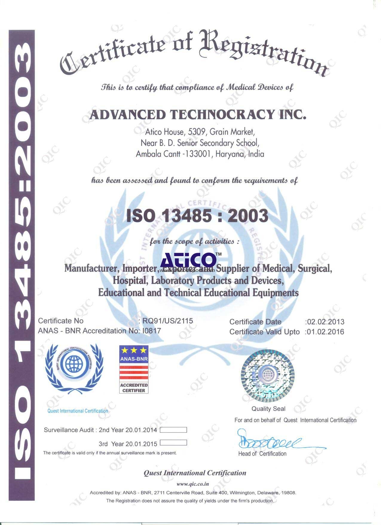 ISO 13485:2003 Certificate
